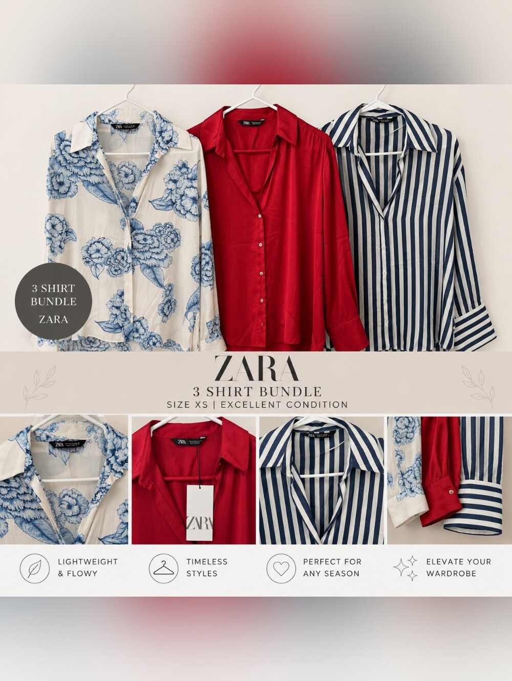 ZARA Women's 3-Piece Satin Button-Up Blouse Bundle | Size Medium | 1 NWT